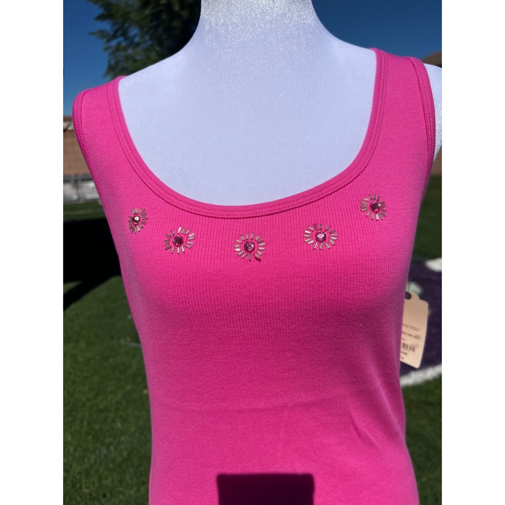 St. Johns Bay Womens Pink Ribbed Tank Top Rhinestone Sunburst Embellished Medium